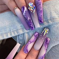 24 Pcs Press On Nails Long Violet Fake Purple Full Cover False Nails With Rhinestone Designs Extra Long Glue On Nails Acrylic N