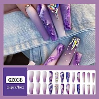 24 Pcs Press On Nails Long Violet Fake Purple Full Cover False Nails With Rhinestone Designs Extra Long Glue On Nails Acrylic N