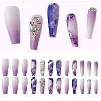 24 Pcs Press On Nails Long Violet Fake Purple Full Cover False Nails With Rhinestone Designs Extra Long Glue On Nails Acrylic N