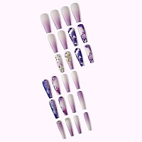 24 Pcs Press On Nails Long Violet Fake Purple Full Cover False Nails With Rhinestone Designs Extra Long Glue On Nails Acrylic N