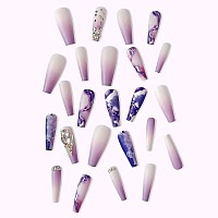 24 Pcs Press On Nails Long Violet Fake Purple Full Cover False Nails With Rhinestone Designs Extra Long Glue On Nails Acrylic N