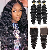 Loose Deep Wave Bundles With Closure Human Hair 14 16 1812 12A Wet And Wavy Human Hair 3 Bundles With Lace Closure 100 Unpro