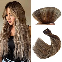 Sew In Hair Extensions Real Human Hair Brown And Blonde Balayage Human Hair Ombre Bundle 18 Inch 100Grams Double Weft Hand Tied