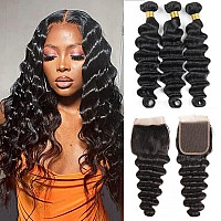 Loose Deep Wave Bundles With Closure 100 Unprocessed Virgin Human Hair Bundles With Closure 12A Brazilian Virgin Loose Deep 3 B