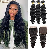 Aelinsi Loose Deep Wave Bundles With Closure Human Hair20 22 2418 100 Unprocessed Brazilian Virgin Human Hair 3 Bundles With