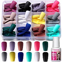 Fandamei Press On Nails Short Square 12 Packs 288Pcs Acrylic Matte Square Fake Nails Full Cover Medium Length Glue On Nails Wi