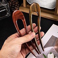 Noverlife 2Pcs French Wood Hair Forks Handcarve Ebony Sandalwood U Shape Hair Sticks With Crescent Moon Design 2 Prong Updo