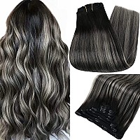 Easyouth Clip in Hair Extensions Real Human Hair Ombre 18 Inch Off Black to Silver Grey Balayage Hair Extensions Clip in Full Head Set Black Women Long Straight 70g/5pcs