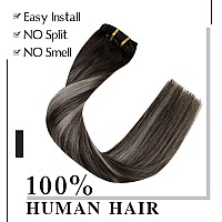 Easyouth Clip in Hair Extensions Real Human Hair Ombre 18 Inch Off Black to Silver Grey Balayage Hair Extensions Clip in Full Head Set Black Women Long Straight 70g/5pcs