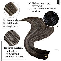 Easyouth Clip in Hair Extensions Real Human Hair Ombre 18 Inch Off Black to Silver Grey Balayage Hair Extensions Clip in Full Head Set Black Women Long Straight 70g/5pcs