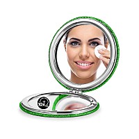 Omiro 1X10X300R Magnifying Compact Mirror With Pu Leather Ultraportable For Purses And Travel Round Green