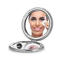 Omiro 1X10X300R Magnifying Compact Mirror With Pu Leather Ultraportable For Purses And Travel Round Silver