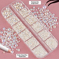 Belleboost Flat Back Pearls Kits 3 Boxes Of Flatback Beige Ab Half Round Pearls With Pickup Pencil And Tweezer For Home Diy And