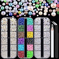 3800 Pcs 3 Boxes Flat Back Pearls Kits Flatback Colorful Abwhite Abbeige Ab Half Round Pearls With Pickup Pencil And Tweezer F