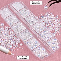 2700 Pcs Flat Back Pearls Kits 1 Box Of Flatback White Ab1 Box Of Beige Ab Half Round Pearls With Pickup Pencil And Tweezer For