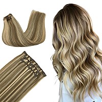 Doores Human Hair Extensions Clip In 60G 3Pcs 16 Inch Balayage Medium Brown Highlighted Golden Blonde Clip In Hair Extensions S