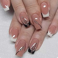 Rikview French Tip Press On Nails Medium Acrylic Nails White Nails Black Stick On Nails With Rhinestones Coffin Fake Nails