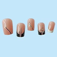 Rikview French Tip Press On Nails Medium Acrylic Nails White Nails Black Stick On Nails With Rhinestones Coffin Fake Nails