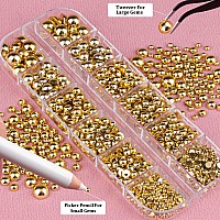 Belleboost Flat Back Pearls Kits 2 Boxes Of Flatback Gold Half Round Pearls With Pickup Pencil And Tweezer For Home Diy And Prof