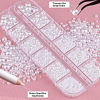 Belleboost Flat Back Pearls Kits 1 Box Of Flatback White Half Round Pearls With Pickup Pencil And Tweezer For Home Diy And Profe