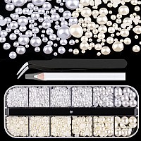 Belleboost Flat Back Pearls Kits 1 Box Of Flatback Whitebeige Half Round Pearls With Pickup Pencil And Tweezer For Home Diy And