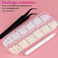 Belleboost Flat Back Pearls Kits 1 Box Of Flatback Whitebeige Half Round Pearls With Pickup Pencil And Tweezer For Home Diy And