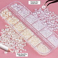 Belleboost Flat Back Pearls Kits 1 Box Of Flatback Whitebeige Half Round Pearls With Pickup Pencil And Tweezer For Home Diy And