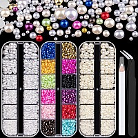 3800 Pcs 3 Boxes Flat Back Pearls Kits Flatback Colorfulwhitebeige Half Round Pearls With Pickup Pencil And Tweezer For Home D