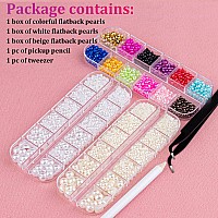 3800 Pcs 3 Boxes Flat Back Pearls Kits Flatback Colorfulwhitebeige Half Round Pearls With Pickup Pencil And Tweezer For Home D