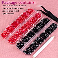 Belleboost Flat Back Pearls Kits 1 Box Of Flatback Black1 Box Of Red Half Round Pearls With Pickup Pencil And Tweezer For Home