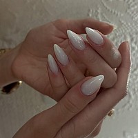 All White Press On Nails Medium Stiletto Almond Kqueenest Pure Color Acrylic Nails Set Reusable Fake Nails With Feature Protecti