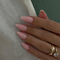 Chalk Baby Pink Press On Nails Medium Stiletto Almondkqueenest Pure Color Acrylic Nails Kit Reusable Fake Nails With Feature Pr