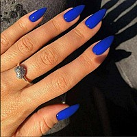 Dark Blue Press On Nails Medium Stiletto Almond Kqueenest Pure Color Acrylic Nails Kit Reusable Fake Nails With Feature Protecti