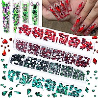 2120Pcs Red Nail Crystals Emerald Green Nail Rhinestones Crystals Glass Gems Stones Multi Shapes Sizes Green Red Round Beads Fla