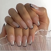 Mervf Coffin Press On Nails Medium Fake Nails Black French Tip Ballerina Acrylic Nails 24Pcs Glossy Glue On Nails Press Ons Nude