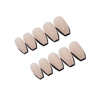 Mervf Coffin Press On Nails Medium Fake Nails Black French Tip Ballerina Acrylic Nails 24Pcs Glossy Glue On Nails Press Ons Nude