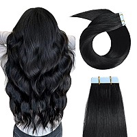 Yilite Tape In Hair Extensions Human Hair 12Inch 1 Jet Black Seamless Silky Straight Tape In Human Hair Extensions 20Pcs 40G