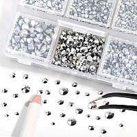 Beadsland 4300Pcs Flatback Rhinestones Silver Rhinestones Nail Gems Round Crystal Rhinestones For Crafts Mixed 6 Sizes With Pick