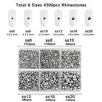 Beadsland 4300Pcs Flatback Rhinestones Silver Rhinestones Nail Gems Round Crystal Rhinestones For Crafts Mixed 6 Sizes With Pick