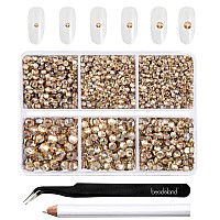 Beadsland 4300Pcs Flatback Rhinestones Gold Rhinestones Nail Gems Round Crystal Rhinestones For Crafts Mixed 6 Sizes With Pickin