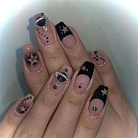 Mervf Coffin Press On Nails Medium Fake Nails Black French Tip Ballerina Acrylic Nails With Planet Rhinestones Designs Goth Star