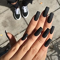 Matte Ebony Black Press On Nails Medium Long Square Kqueenest Pure Solid Colors Coffin Nails Press On Acrylic Fake Nails Natural