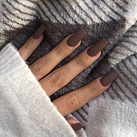 Kqueenest Fall Coffin Press On Nails Medium Long Square Nails Press On Matte Dark Brown Glue On Nails Long Fake Nails Opaque Sti