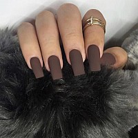 Kqueenest Fall Coffin Press On Nails Medium Long Square Nails Press On Matte Dark Brown Glue On Nails Long Fake Nails Opaque Sti