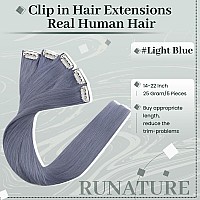 Runature Grey Blue Hair Extensions Clip In Real Human Hair 20 Inch Silky Clip On Remy Hair Extensions Seamless Light Blue Clip O