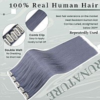 Runature Grey Blue Hair Extensions Clip In Real Human Hair 20 Inch Silky Clip On Remy Hair Extensions Seamless Light Blue Clip O