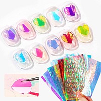 Silpecwee 11 Sheets Aurora Nail Foil Laser Nail Stickers Glass Paper Nail Art Stickers Iridescent Cellophane Nail Designs Sticke