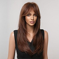 Haircube Long Layered Synthetic Hair Wigs For Women With Bang Reddish Brown