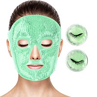 CONBELLA Face eye masks for dark circles and puffiness, Migraines, Headache, Stress, Redness, Acne, Cooling Face Masks for Women Man, Hot Cold Use Ice Face Mask. (Green 1 face mask+1 pair of eye pads)