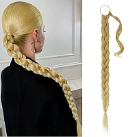 BARSDAR 30 Inch Long Braided Ponytail Extension with Hair Tie Straight Wrap Around Hair Extensions Pony Tail DIY Natural Soft Synthetic Hair Piece for Women Girls-Golden Blonde Ombre Bleach Blonde